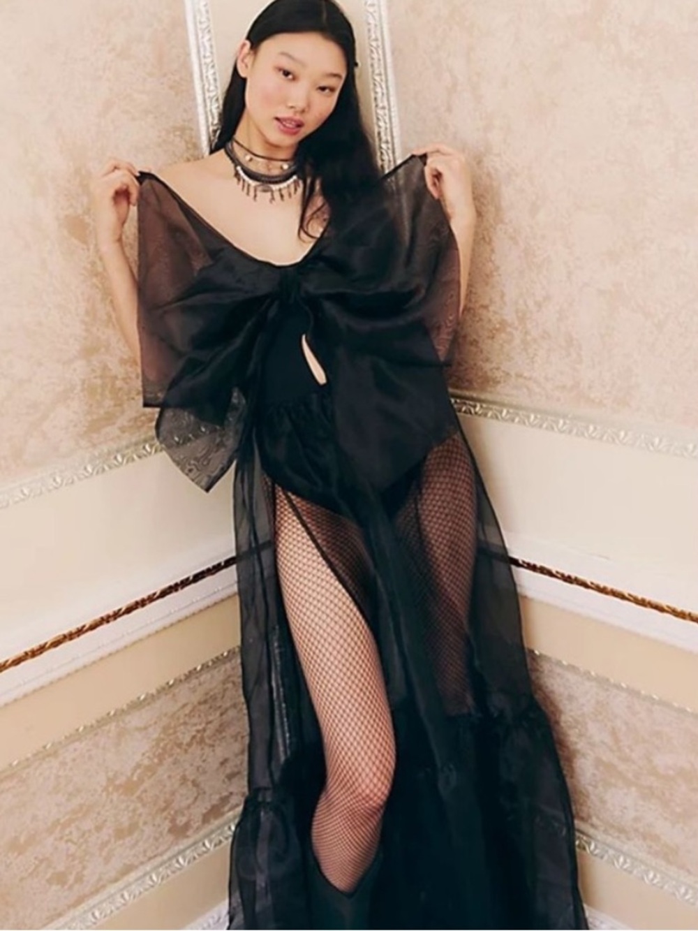 We The Free Sheer Black Maxi dress with Bow Front - Picture 2 of 7